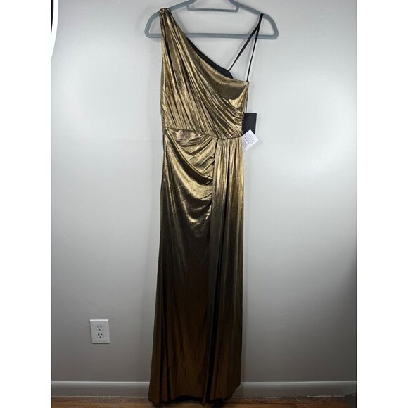 MAC DUGGAL 26537 Metallic One Shoulder Grecian Dress Antique Liquid Gold Size 0 - Picture 7 of 8